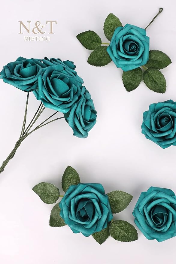 N&T NIETING Artificial Flowers Foam Roses 25 pcs Peacock Green Fake Roses w/Stem - Image 5
