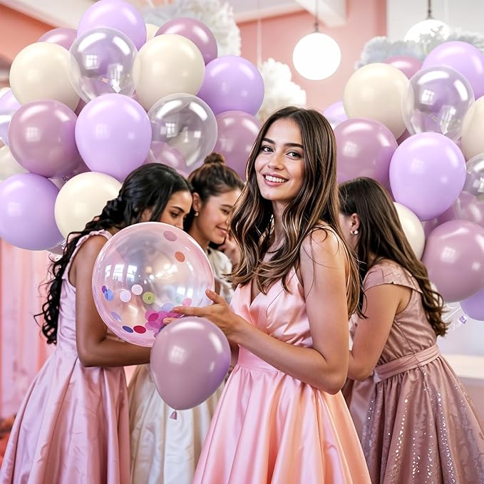 Purple and White Balloons, 12 Inch Pastel Purple Beige Cream White Clear Latex - Image 7