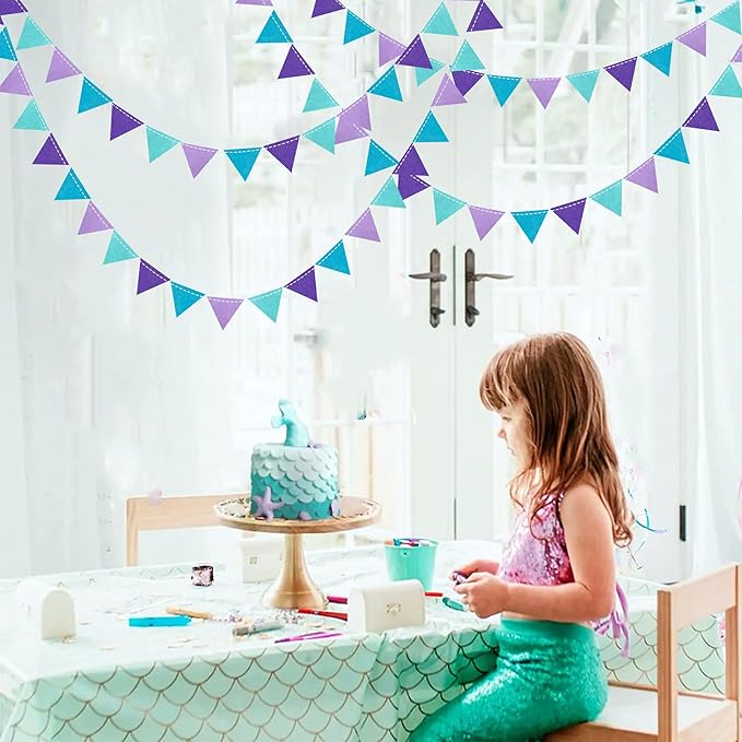 Mermaid Party Decorations Purple Teal Felt Hanging Triangle Mini Bunting - Image 6