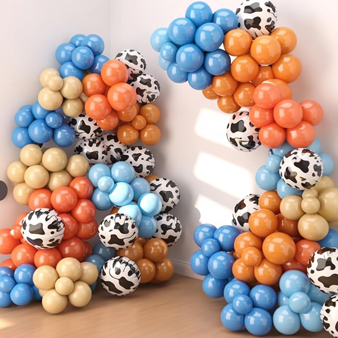 Cow Print Balloons, Retro Dusty Blue Yellow White Balloon - Image 6