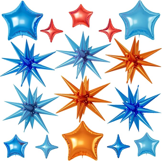 16 Pcs Orange and Blue Star Balloons, 22/18/10 Inch Foil Balloons, Four-Pointed by Sowide