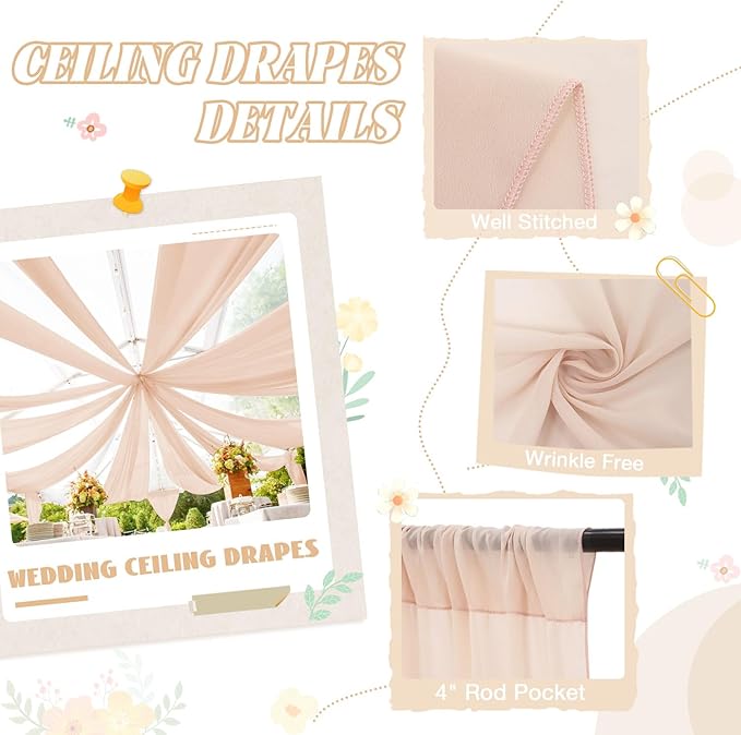 FUHSY Ceiling Drapes for Weddings 4 Panels 5x20 FT Champagne Chiffon Fabric - Image 3