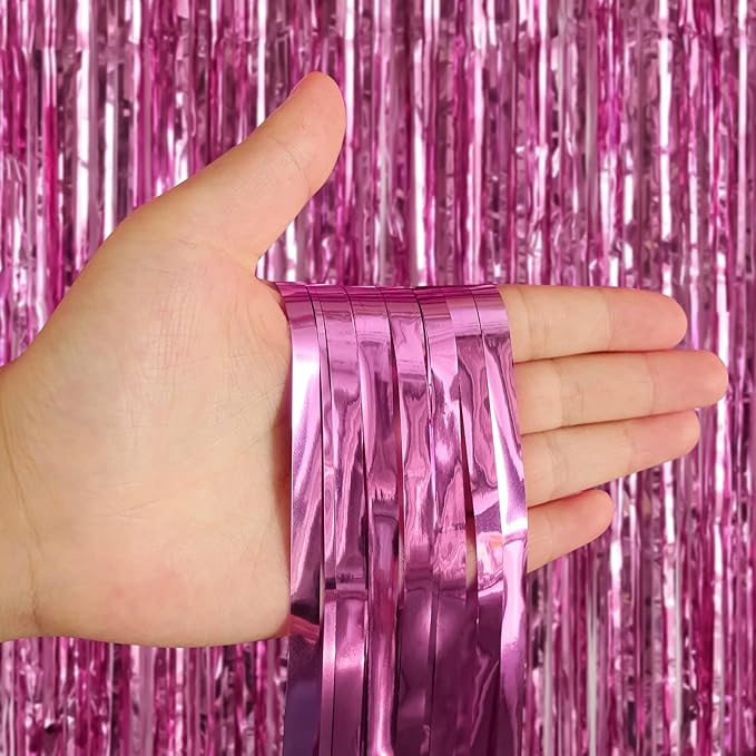 2 Pack Pink Fringe Curtains Foil Shiny Fringe Backdrop Tinsel Door Streamers - Image 7