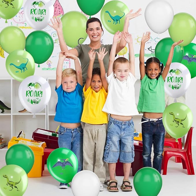 Dinosaur Balloons, 12 Inch Dino Printed Balloons Green White Lime Green Latex - Image 5