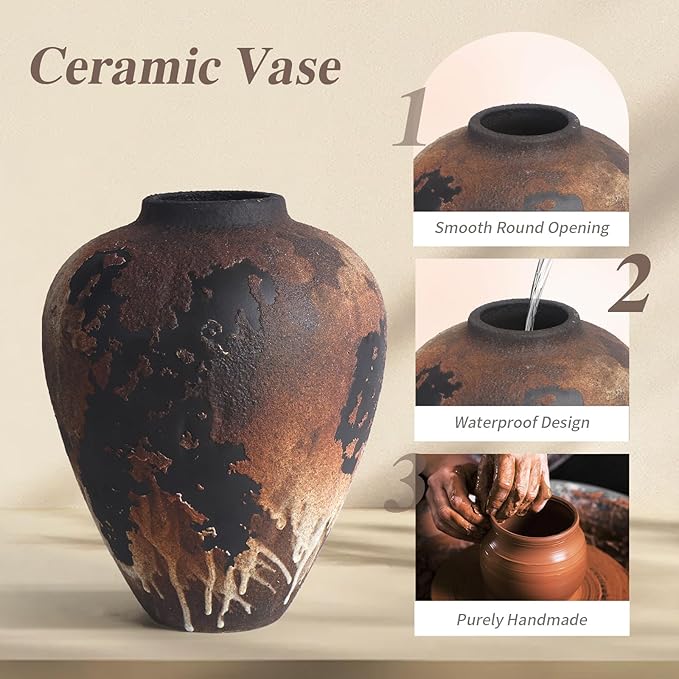 Rustic Vase for Flowers, 8.9'' Brown Farmhouse Ceramic Vases for Home Decor - Image 3