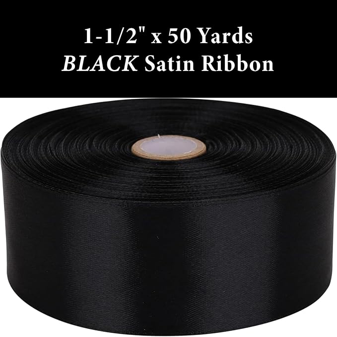 1-1/2 Inch Black Satin Ribbon 50 Yards Solid Fabric Ribbons - Image 2