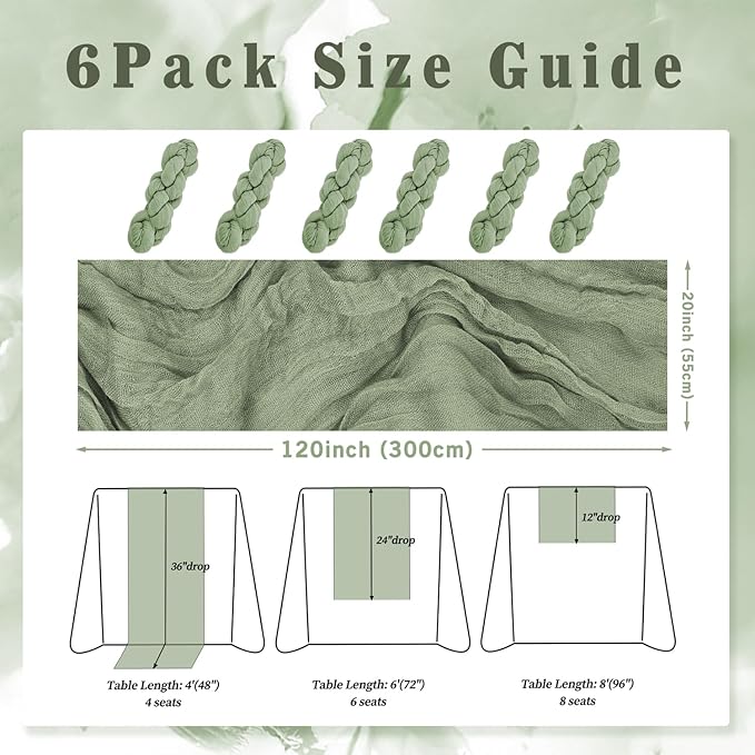 6 Pack Sage Green Cheesecloth Table Runner 10FT Rustic Gauze Fabric Cheese - Image 2