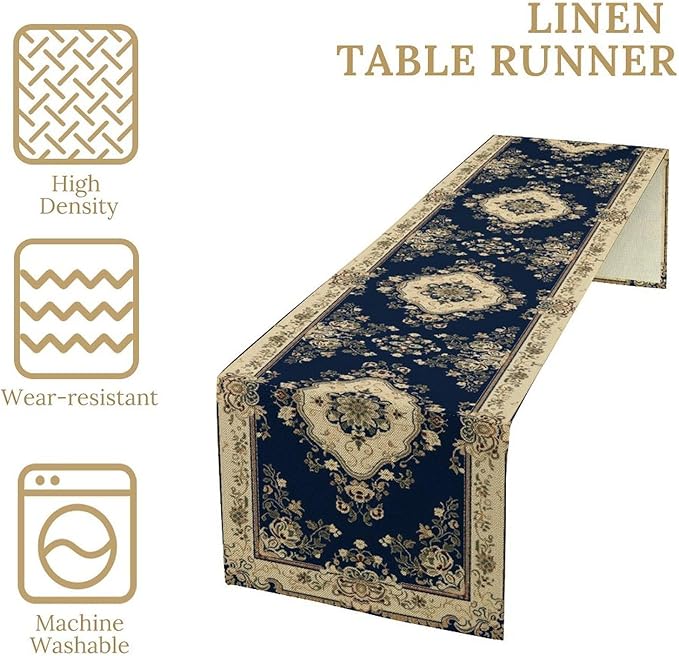 Vintage Elegant Farmhouse Table Runner Blue Beige Flower - Image 5
