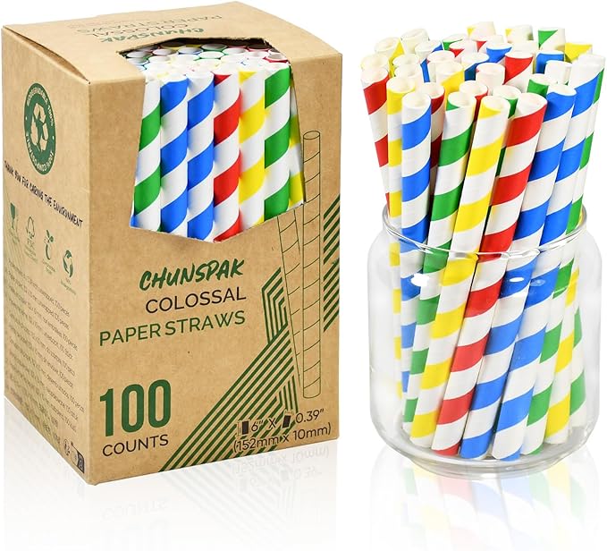 Chunspak 6" Short Fat Colorful Striped Paper Drinking Straws Disposable 100 by chunspak