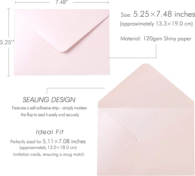 PONATIA 50 PCS/Pack A7 Envelopes, 5.25 x 7.48'' Sparkle Blush Pink Envelopes - Image 3