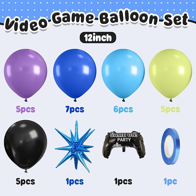 Video Game Balloons, 12 Inch Purple Green Black Video Theme Latex Balloon - Image 2