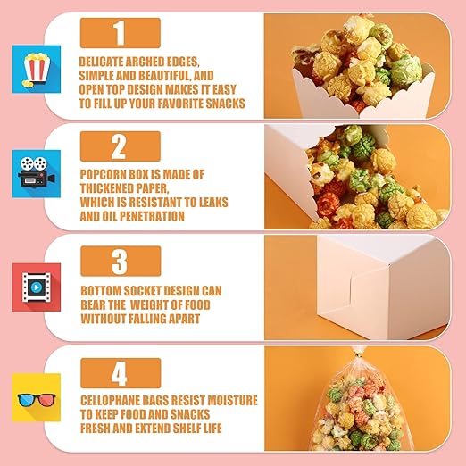 Zopeal 200 Pcs Mini Popcorn Boxes and Clear Treat Bag Set, Bulk Popcorn Bags - Image 3