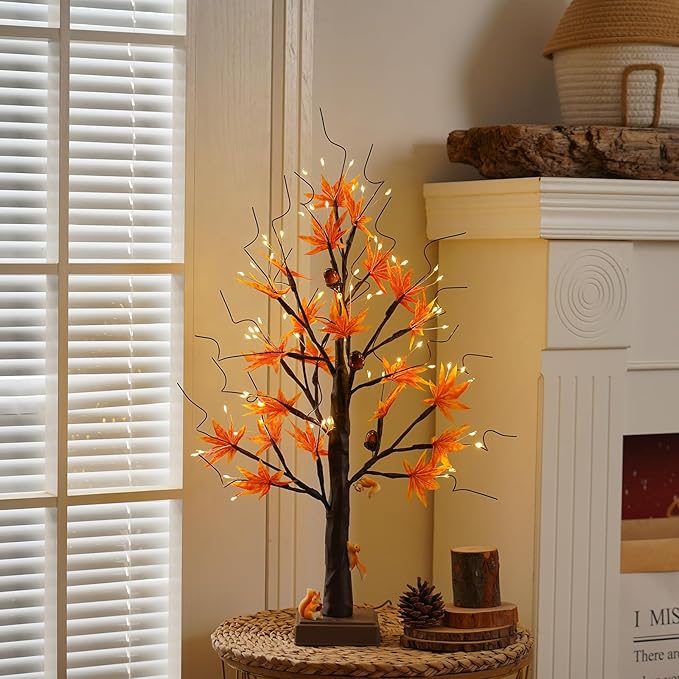 24” 72 LED Fall Decorations for Home, Birch Tree Lighted Fall Maple Leaves - Image 7