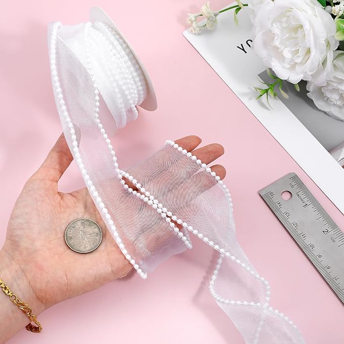 1.5 Inch Faux Pearl Ribbon, Smooth White Ribbon - Image 5