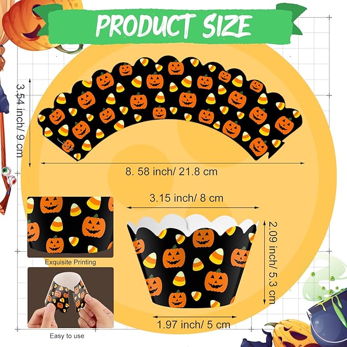 Domensi 100 Pcs Halloween Pumpkin Cupcake Wrappers Rustic Cupcake Liners - Image 3