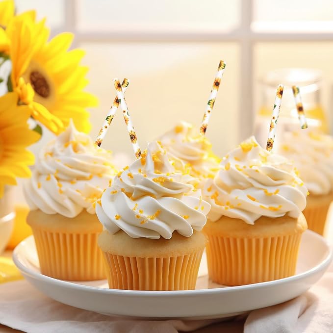 200Pcs Sunflower Paper Straws Watercolor Yellow Floral Disposable Drinking - Image 7