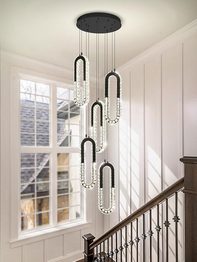5 Rings Crystal Chandeliers for Staircase Large Pendants Light Fixture Black - Image 6