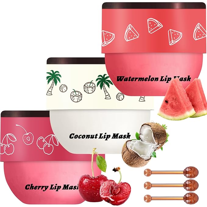 3 PCS Bee Lip Balm Lip Mask Honey Pot, Watermelon & Cherry & Coconut Lip Mask by Unknown