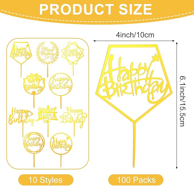 100 Pcs Gold Happy Birthday Cake Toppers Gold Acrylic Cake Topper Glitter - Image 2