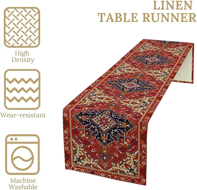 Boho Old French Table Runner, Vintage Red Beige Retro Flower Rustic Country - Image 5