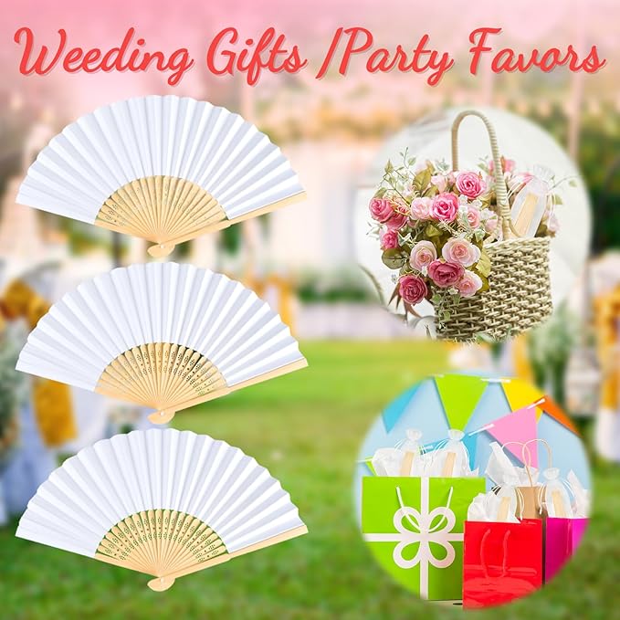 NEBURORA 12Pcs White Handheld Paper Fans 8.3 Inch Hand Held Bamboo Fans Foldable - Image 7