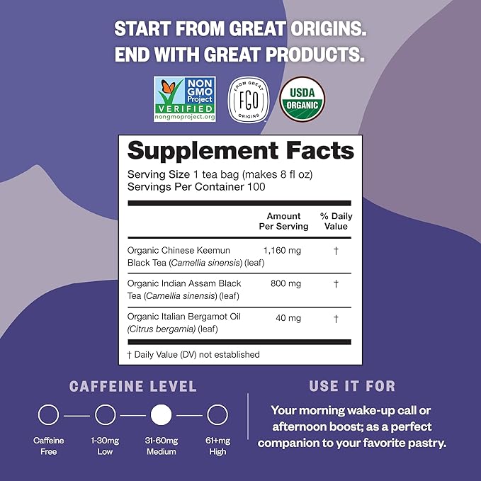 FGO Organic Earl Grey Black Tea, Eco-Conscious Tea Bags, Resealable Bag - Image 2