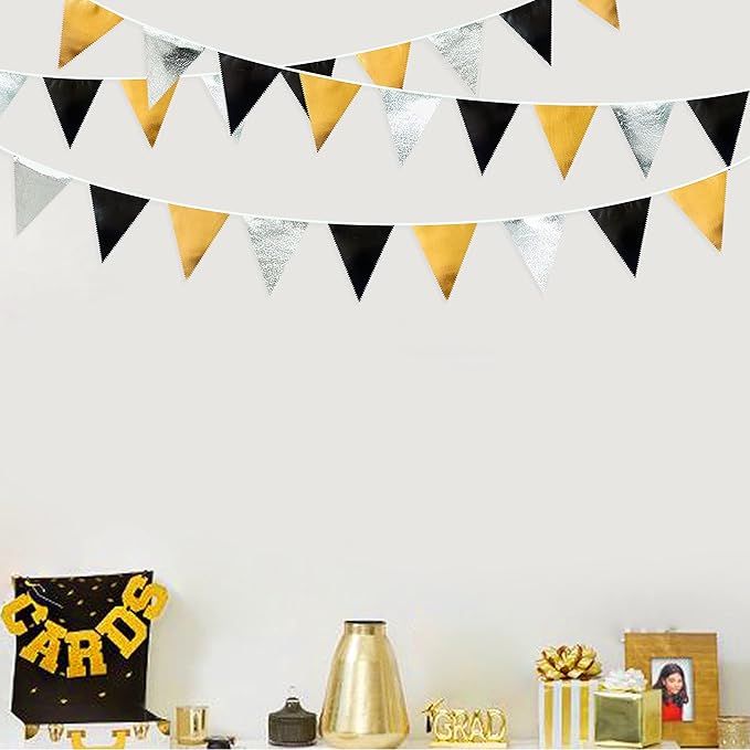 Black Gold Silver Party Decoration Triangle Pennant Banner Flag Metallic Fabric - Image 3