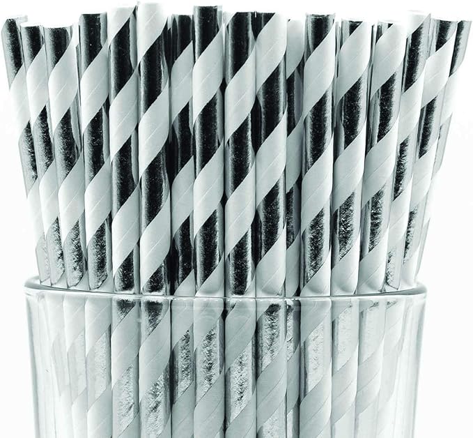 Pack of 300 Silver Foil Swirls Biodegradable 4-Ply Paper Drinking Straws by Stephanie+Imports