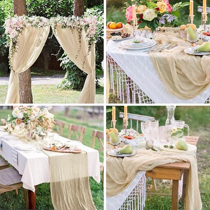Beige Cheesecloth Table Runner -21*120Inch Long Boho Wedding Table Decor - Image 6
