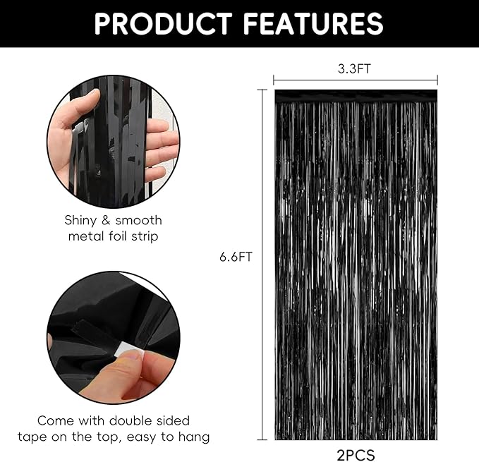 2 Pack Black Streamers Party Decorations Black Tinsel Backdrop Supplies Foil - Image 2