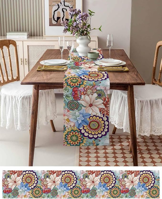 Boho Flowers Cotton Linen Table Runner - Image 6