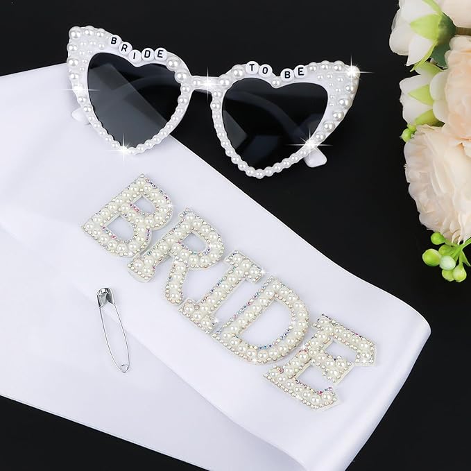 White Bride Sash & Heart Sunglasses Set Bachelorette Party Decorations Bridal - Image 5