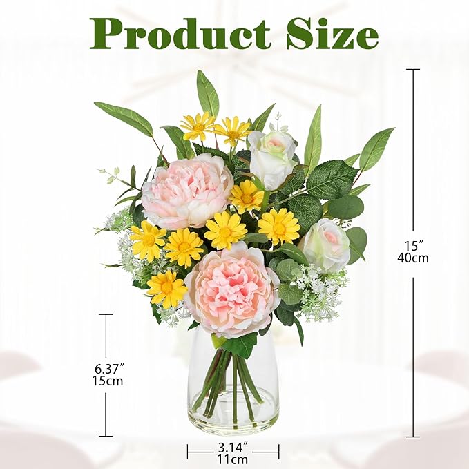 Briful Artificial Flowers in Vase, Mixed White Rose Pink Peony Yellow Daisy and - Image 2