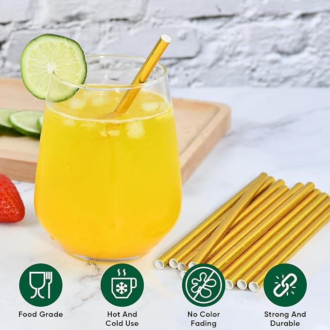 5.75 Inch Disposable Short Gold Paper Straws & Stirrers, Sipping Stir Sticks - Image 3