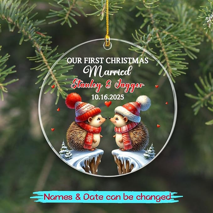 Our First Christmas Married Ornament, Custom Date/Name Mr & Mrs Hedgehog - Image 2