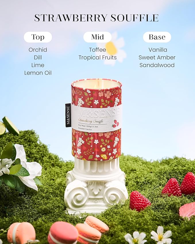 M&SENSE Strawberry Souffle Scented Candle, Medium Jar Candle 11.3oz Natural Soy - Image 2