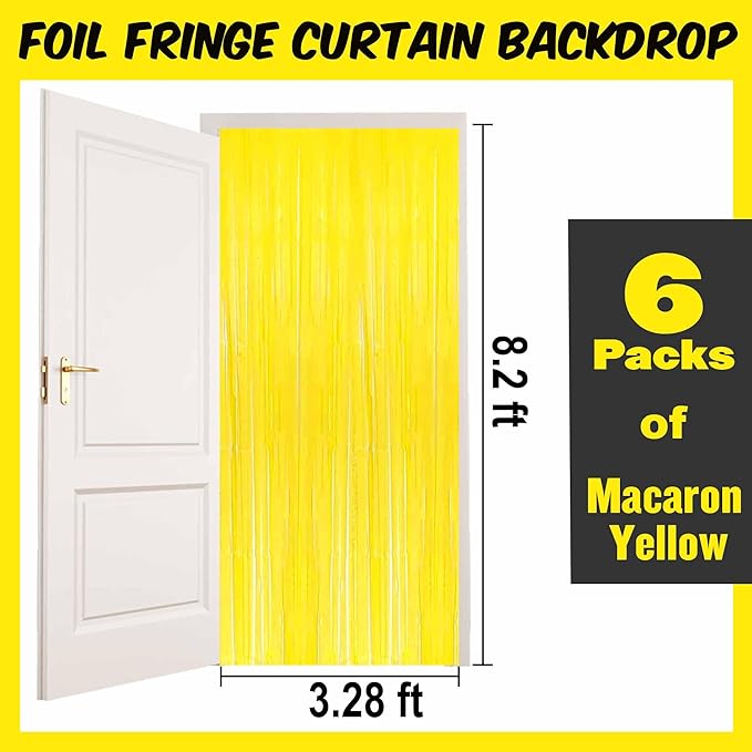6 Pack Macaron Yellow Foil Fringe Curtains Backdrop, 3.28 x 8.2 Ft Metallic - Image 2