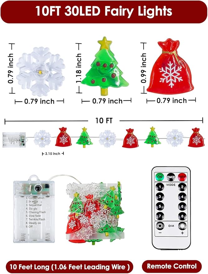 Christmas Decoration Lights, 10FT 30 LED Christmas Tree Snowflake Lucky Bag - Image 5