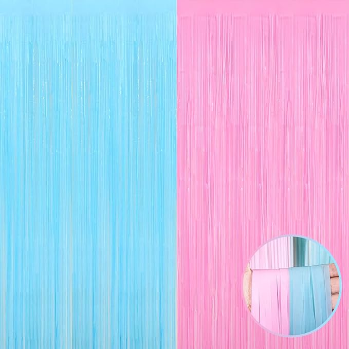 4 Pack Macaron Pink Blue Foil Fringe Curtain Backdrop, 3.28Ft x 8.2Ft Metallic by Unknown