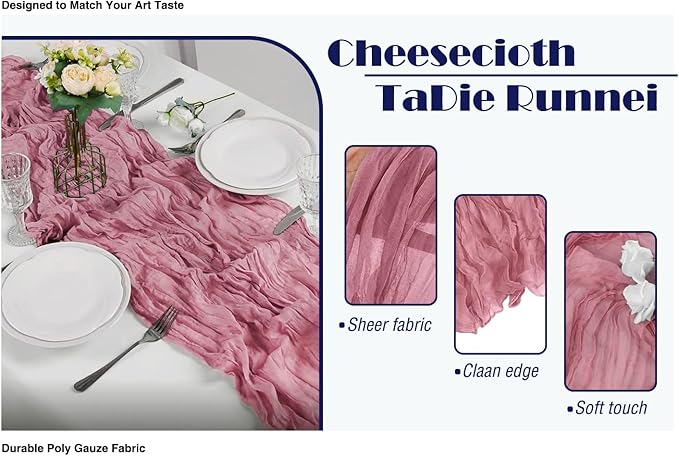 20 Pack Dusty Rose Cheesecloth Table Runner 17x108 Inch Boho Wrinkled Sheer - Image 2