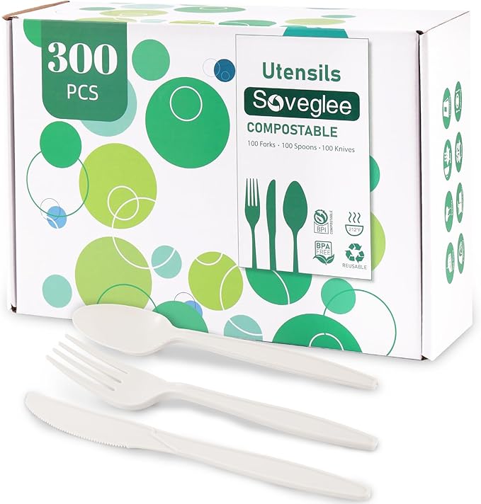 300 Count 100% Compostable Silverware, Ivory White Disposable Silverware by SOVEGLEE