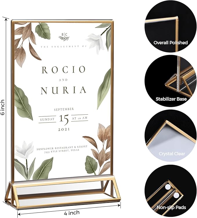8 Pack Acrylic Sign Holder 4x6 Gold Frames, Wedding Table Number Holders Double - Image 2