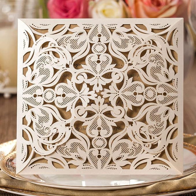 Hosmsua 50PCS Ivory Laser Cut Wedding Invitation Cards - Image 2