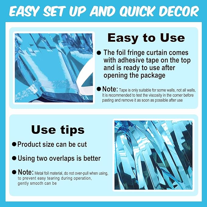 6 Pack Light Blue Foil Fringe Curtains Backdrop, 3.28 x 8.2 Ft Metallic - Image 3