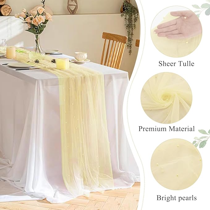 Pearl Table Runner 29 x 120 Inch Tulle Fabric Lace Table Runners Boho Rustic - Image 3