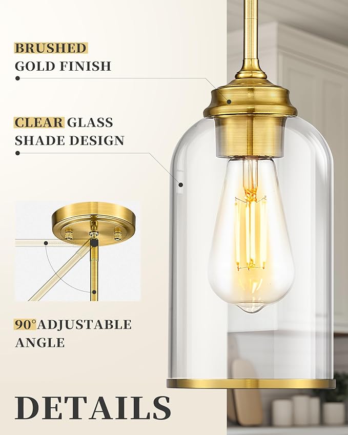 LIROUVET 2 Pack Pendant Lights, Vintage Hanging Lights, Brushed Gold Pendant - Image 2