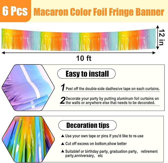 6 Pack 10 Feet Rainbow Foil Fringe Garland Metallic Tinsel Streamers Banner - Image 2