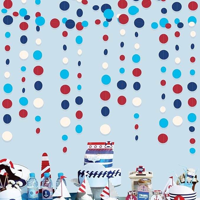 Nautical Party Decorations Circle Dot Garland Navy Blue Red White Hanging Paper - Image 3