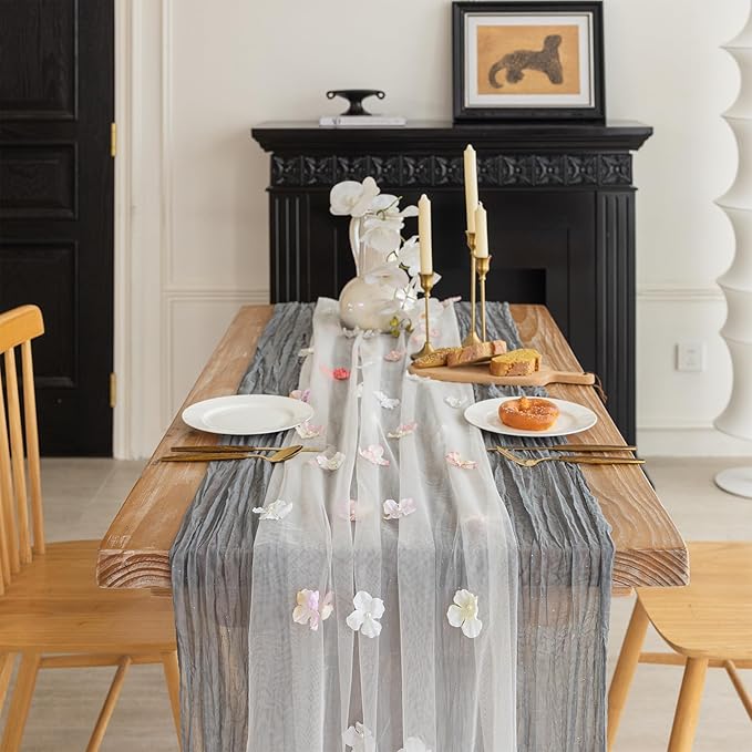 Romantic Artificial Floral Table Runner 10ft Gauze Tulle Lace Table Runner Set by Gzcvba