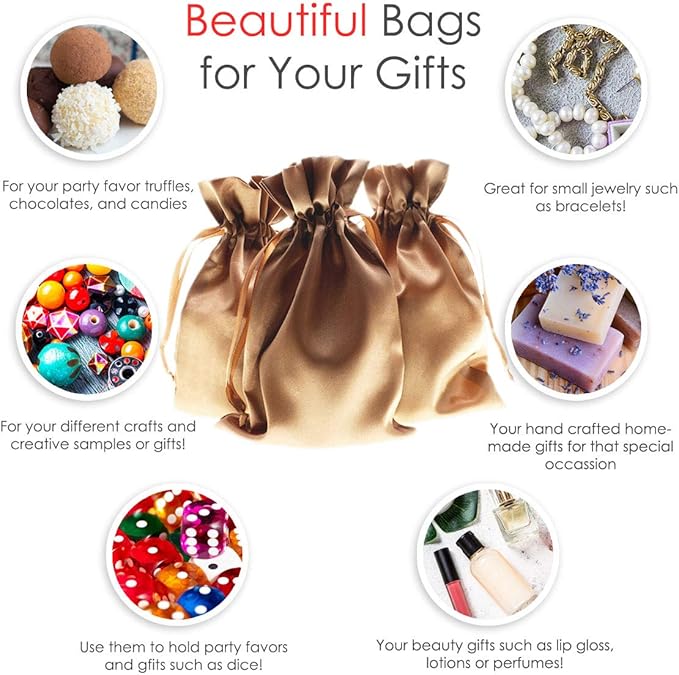 4" x 6" Old Gold Satin Gift Bags, Jewelry Bags, Wedding Favor Drawstring Bags - Image 2